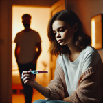 SULEVSKIJ, lost in thought. She is holding a positive pregnancy test, her expression conflicted—part (6)