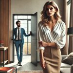 Sulevskyi A confident woman stands near the door, looking at her ex-husband, Viktor, with a calm but fi