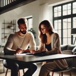 Sulevskyi A couple sits at a sleek dining table, discussing finances. The man and woman both have se — копия