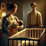 Sulevskyi-style illustration of a dimly lit nursery. A young mother, Anna, stands near a baby crib, cradling her newborn in he