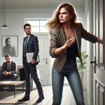 Sulevskyi-style illustration of a tense moment in a modern apartment. Olga, a strong-willed woman, stands near the door with a (1)