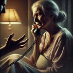 Sulevskyi-style illustration of a tense moment. A sick woman with a frail appearance sits on a bed in a dimly lit bedroom, hol (1)