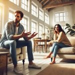 Sulevskyi1 A tense conversation is taking place. A man, dressed casually, sits on the couch with a con