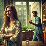 Sulevskyi1. Katya, a young woman with an expression of disbelief and frustration, stands near the window, looking